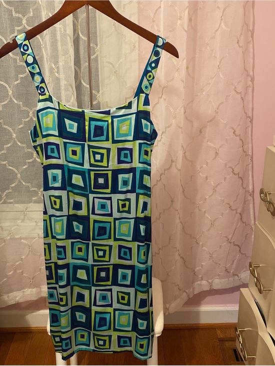 girlfriend collective Dresses & Skirts - Geometric Square Print Silk Dress in Teal & Lime